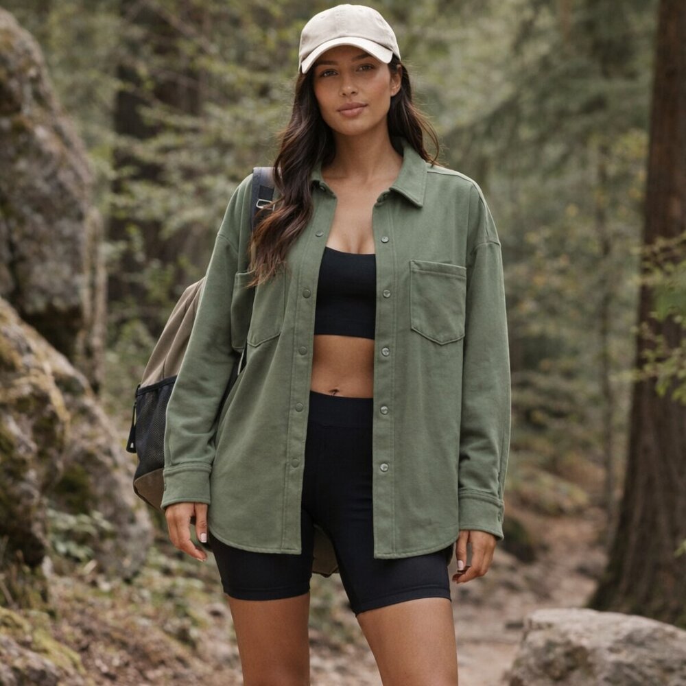 Mondetta Olive Green Fleece Shacket XL Snap Button Hiking Layer